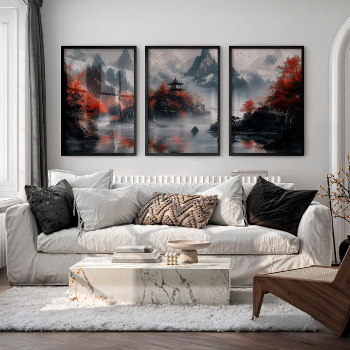 Japanese Poster with Abstract Circular Shapes and Fluid Brush Strokes - Black Framed Poster No Border - Artworksets
