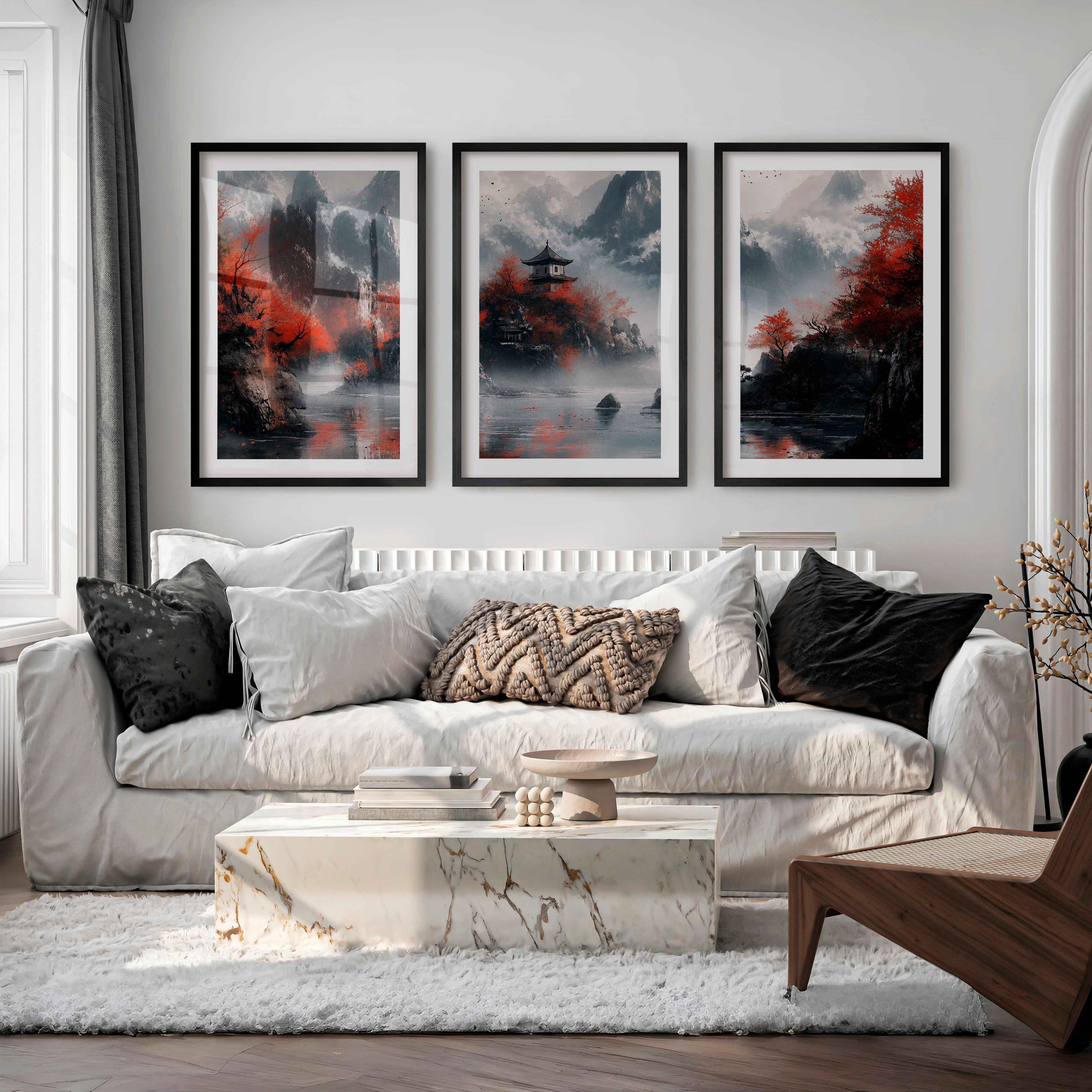 Japanese Poster with Abstract Circular Shapes and Fluid Brush Strokes - Black Framed Poster with White Border - Artworksets