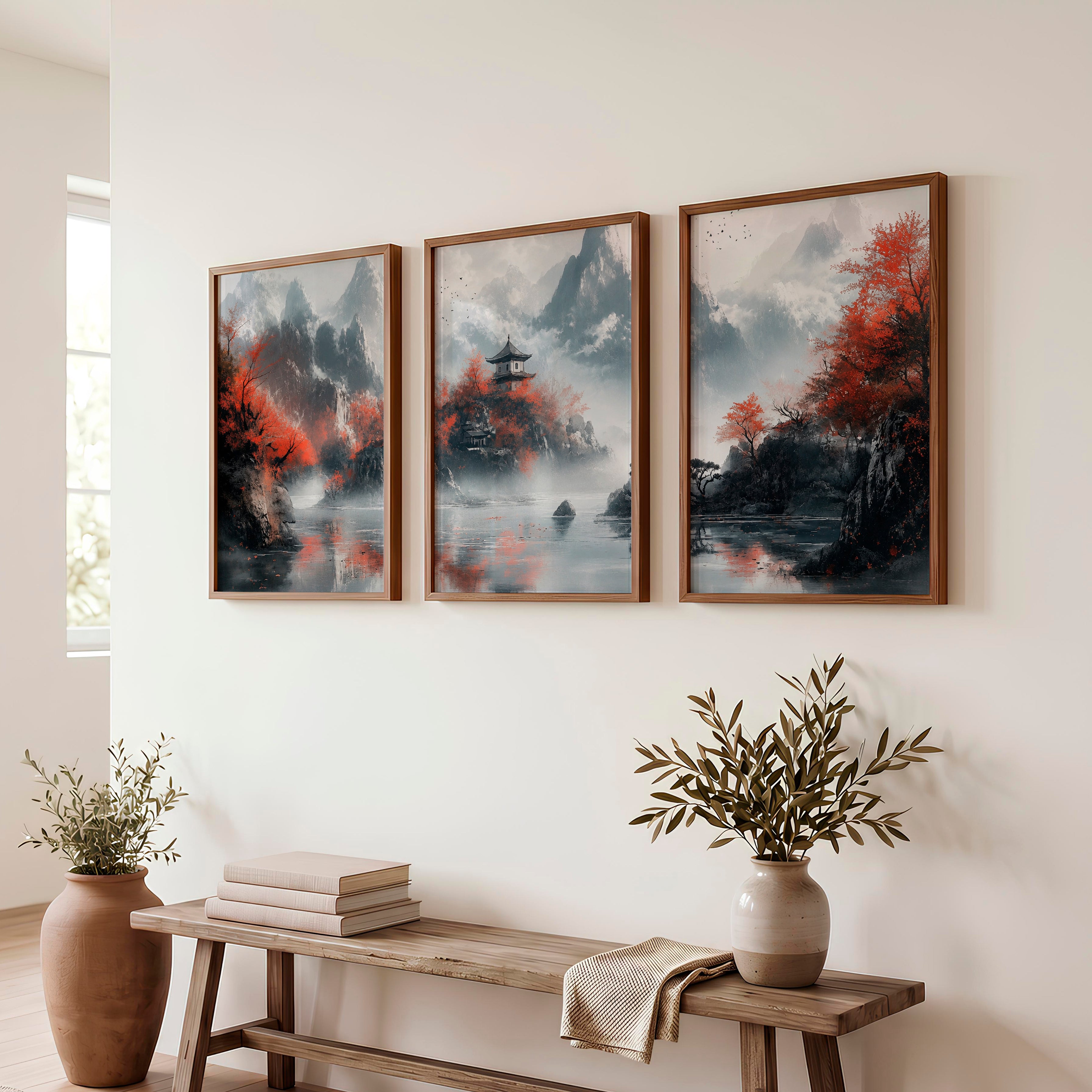 Japanese Poster with Abstract Circular Shapes and Fluid Brush Strokes - Dark Brown Framed Poster No Border - Artworksets