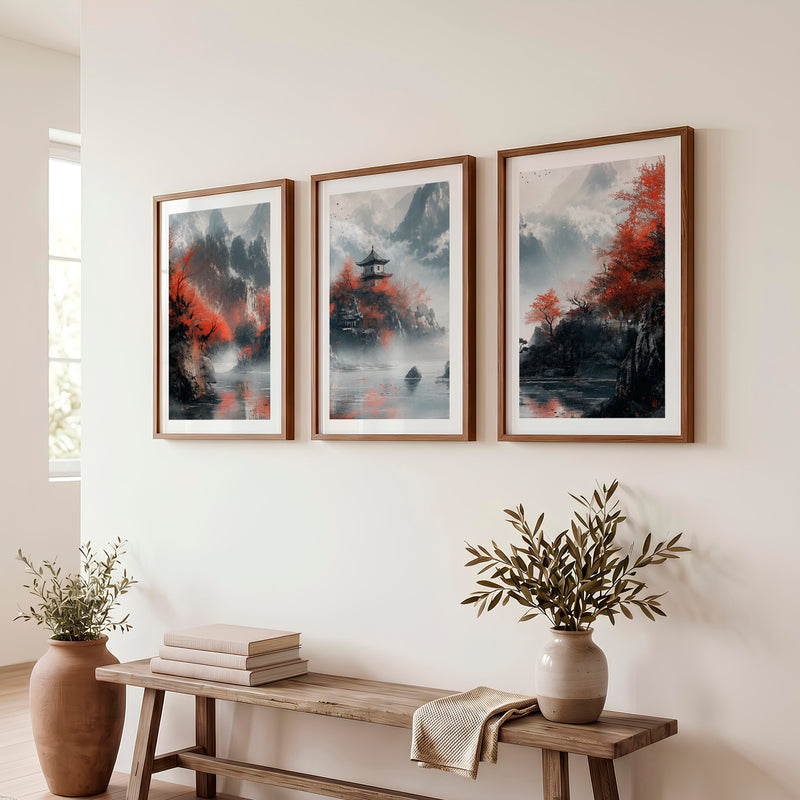 Japanese Poster with Abstract Circular Shapes and Fluid Brush Strokes - Dark Brown Framed Poster with White Border - Artworksets