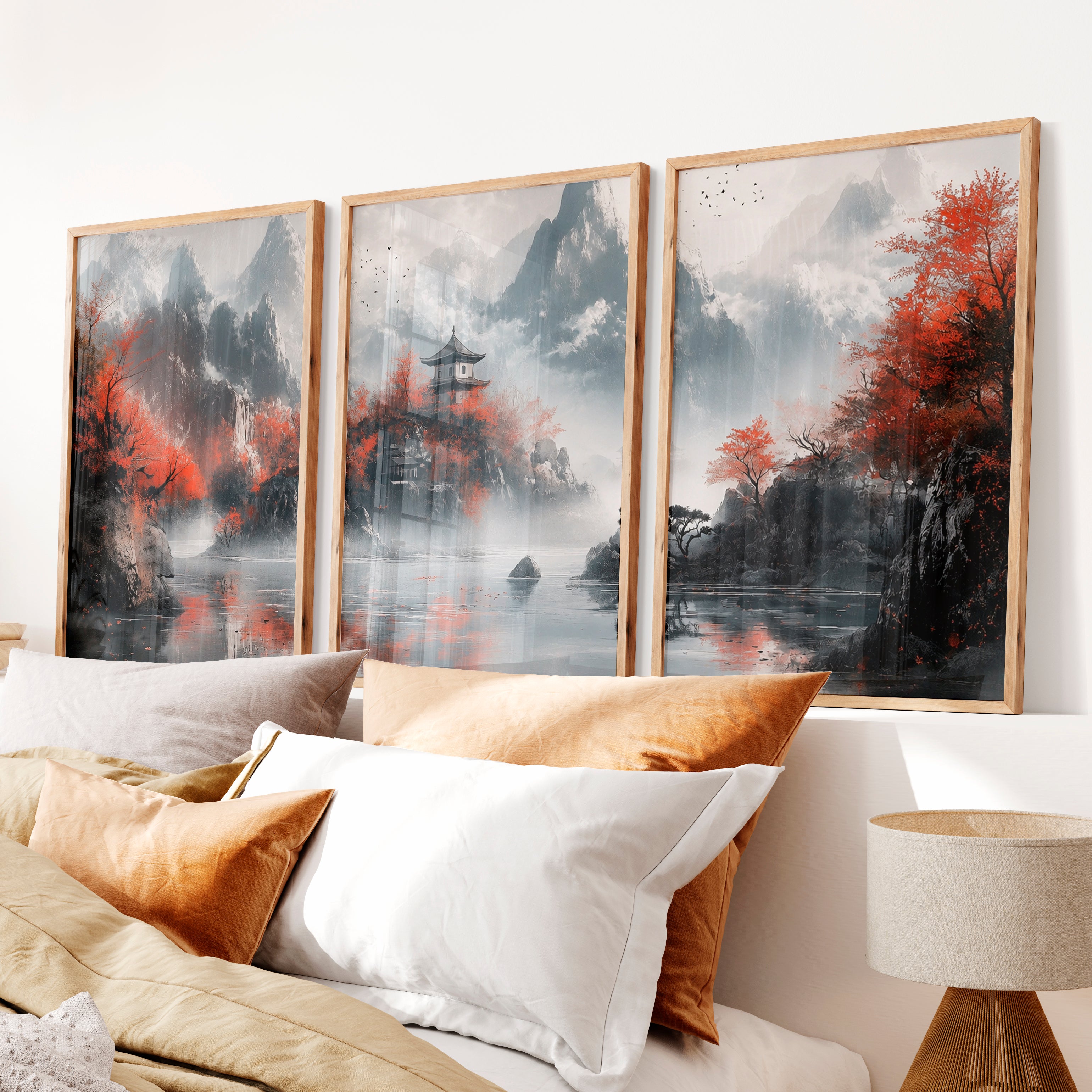 Japanese Poster with Abstract Circular Shapes and Fluid Brush Strokes - Natural Wood Framed Poster No Border - Artworksets