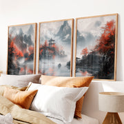 Japanese Poster with Abstract Circular Shapes and Fluid Brush Strokes - Natural Wood Framed Poster No Border - Artworksets