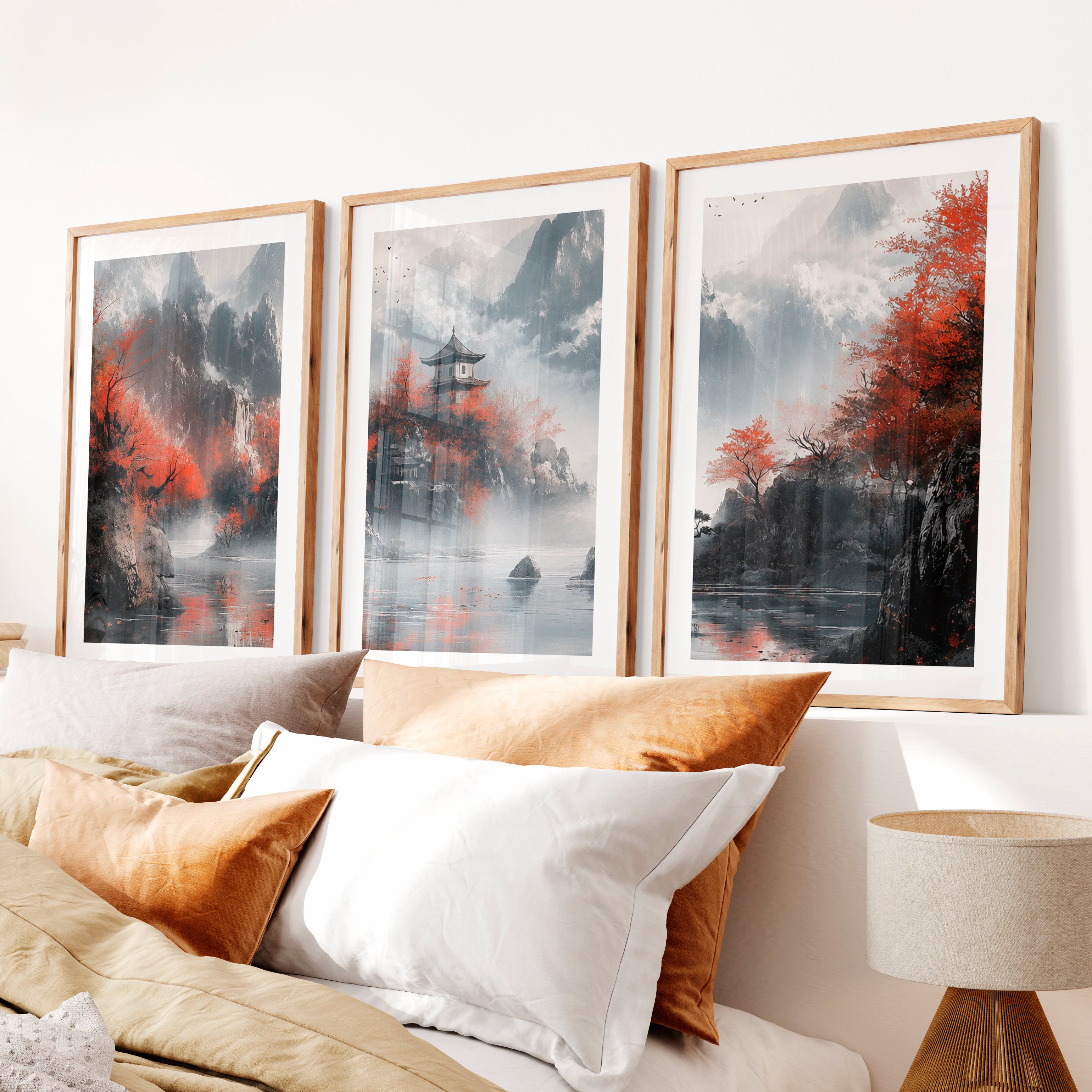 Japanese Poster with Abstract Circular Shapes and Fluid Brush Strokes- Natural Wood Framed Poster with White Border - Artworksets