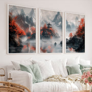 Japanese Poster with Abstract Circular Shapes and Fluid Brush Strokes - White Framed Poster No Border - Artworksets