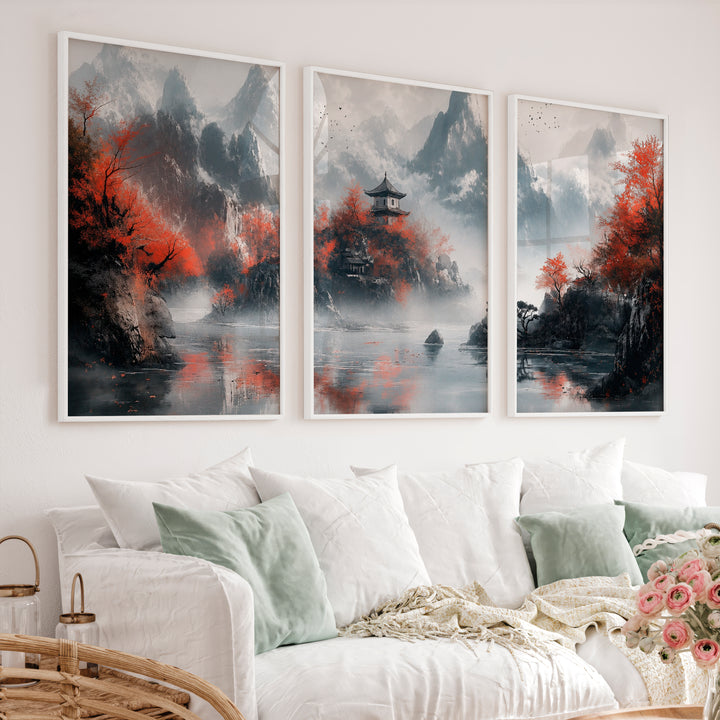 Japanese Poster with Abstract Circular Shapes and Fluid Brush Strokes - White Framed Poster No Border - Artworksets