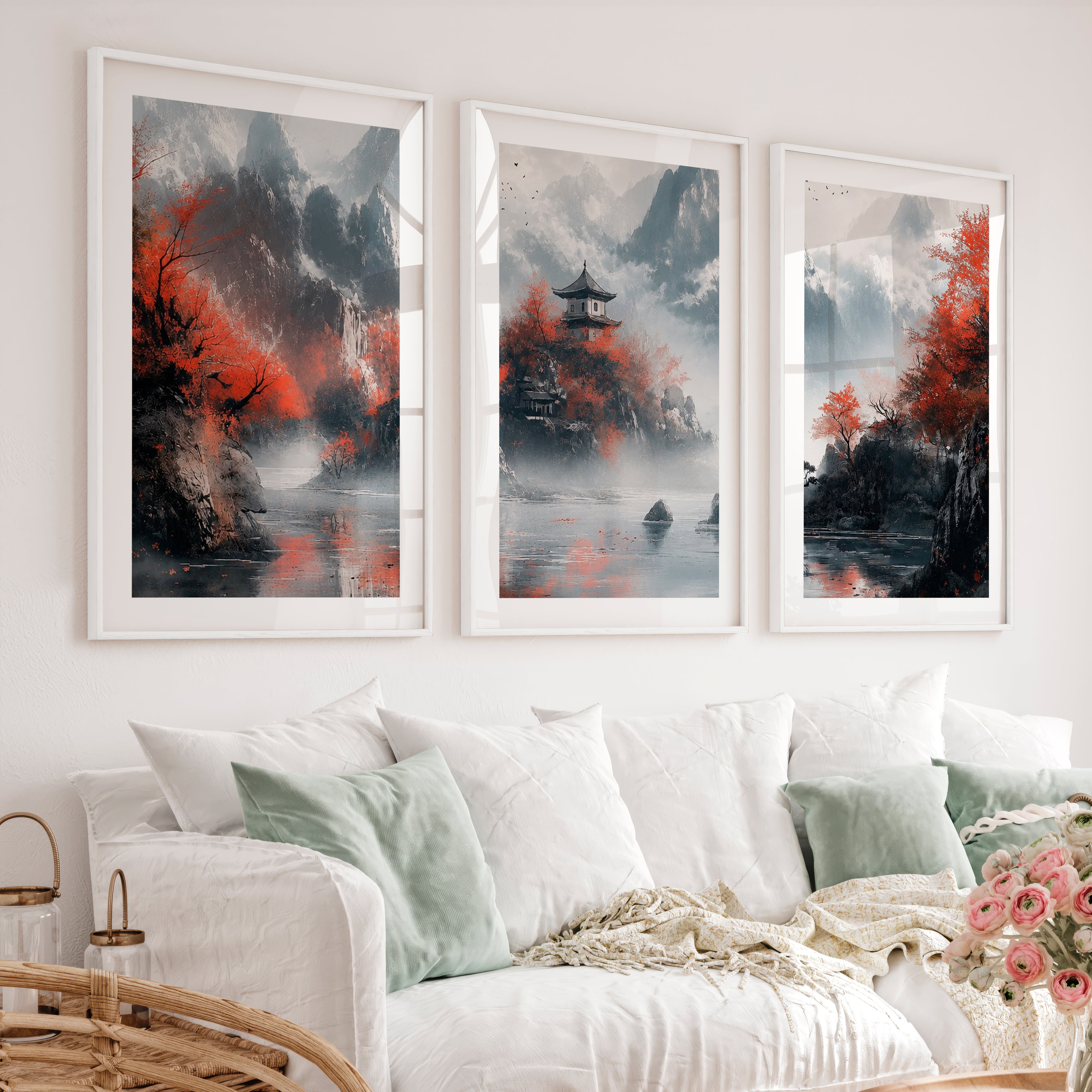Japanese Poster with Abstract Circular Shapes and Fluid Brush Strokes - White Framed Poster with White Border - Artworksets