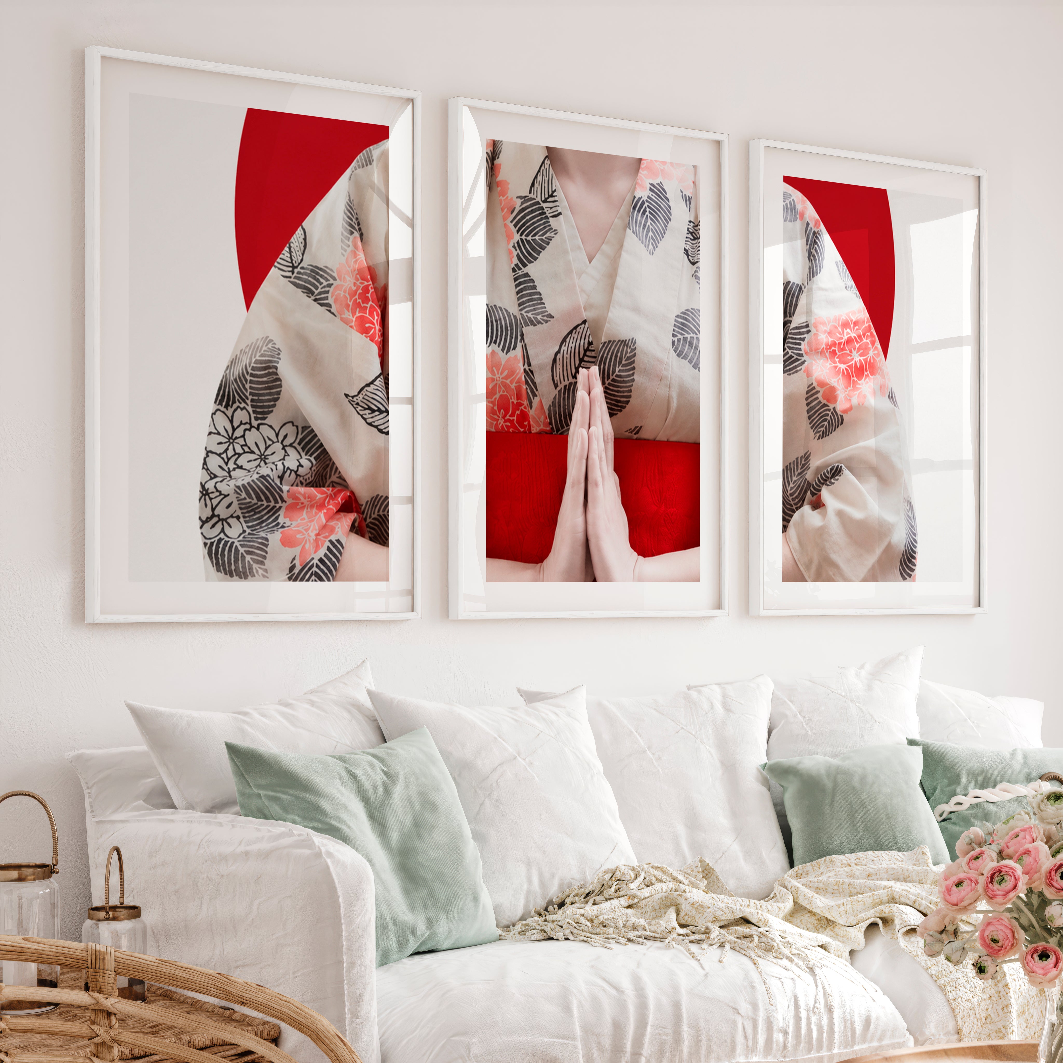 Japanese Poster Featuring Mount Fuji and Pine Trees - White Framed Poster with White Border - Artworksets