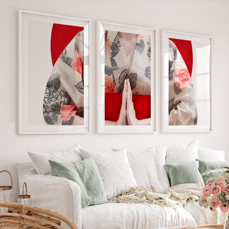 Japanese Poster Featuring Mount Fuji and Pine Trees - White Framed Poster with White Border - Artworksets