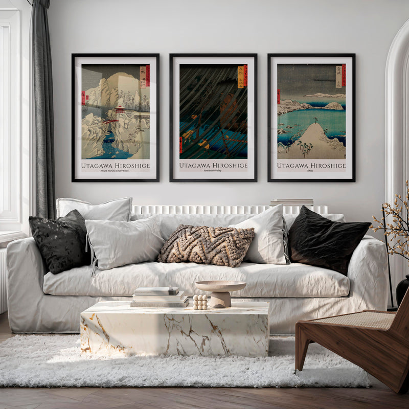 Hiroshige Snow and Rain Japanese Print Set - Black Framed Poster with White Border - Artworksets