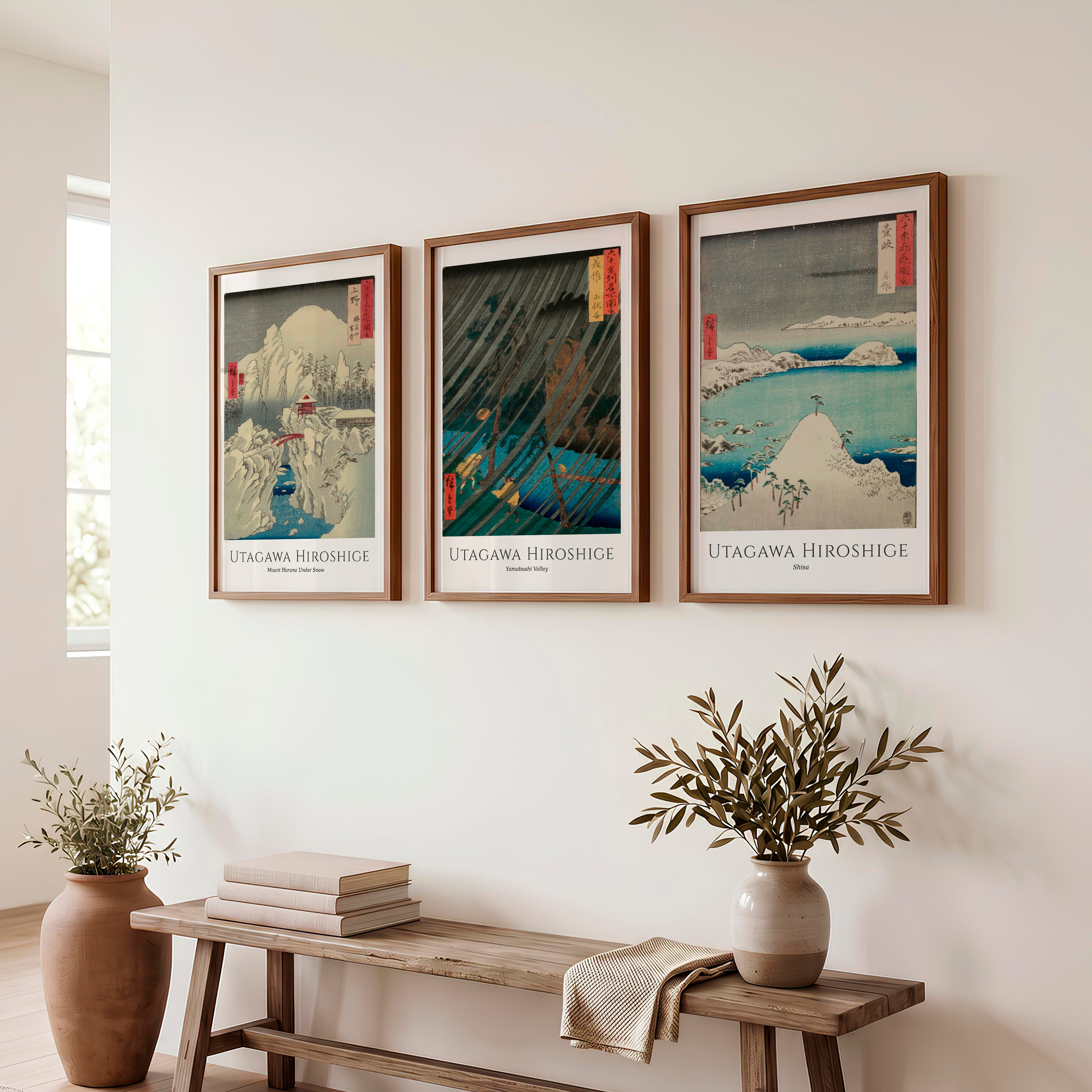 Hiroshige Snow and Rain Japanese Print Set - Dark Brown Framed Poster No Border - Artworksets