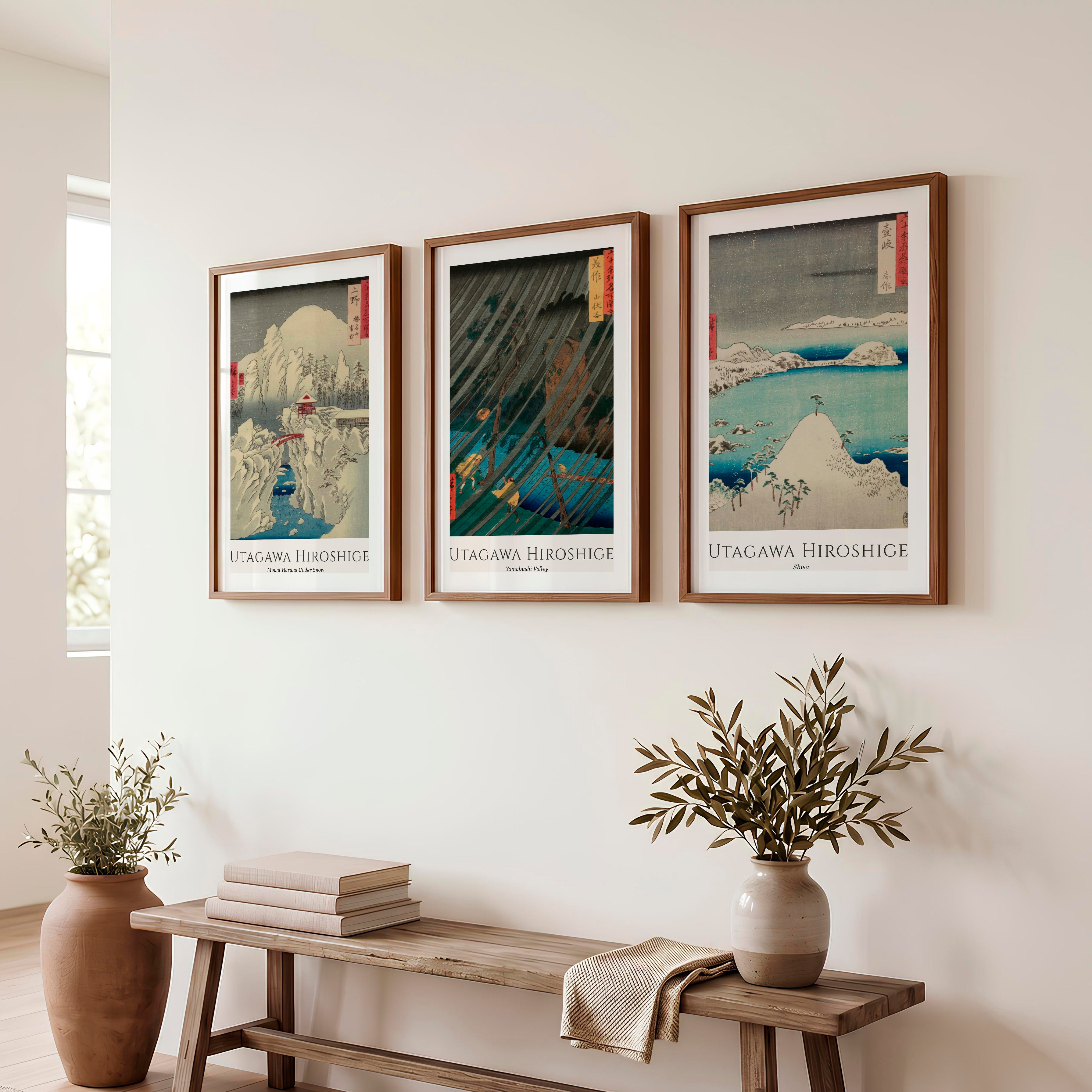 Hiroshige Snow and Rain Japanese Print Set - Dark Brown Framed Poster with White Border - Artworksets