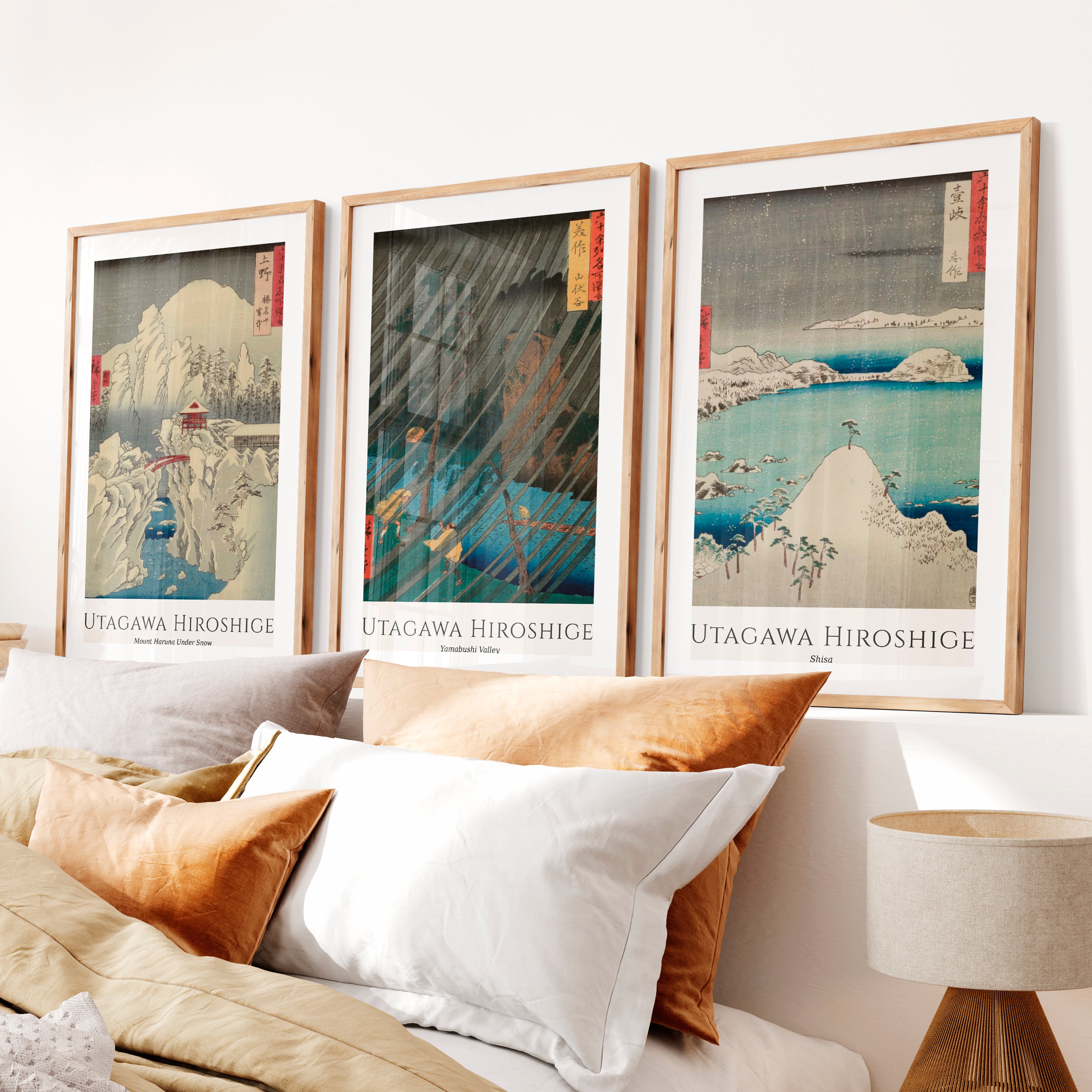 Hiroshige Snow and Rain Japanese Print Set- Natural Wood Framed Poster with White Border - Artworksets