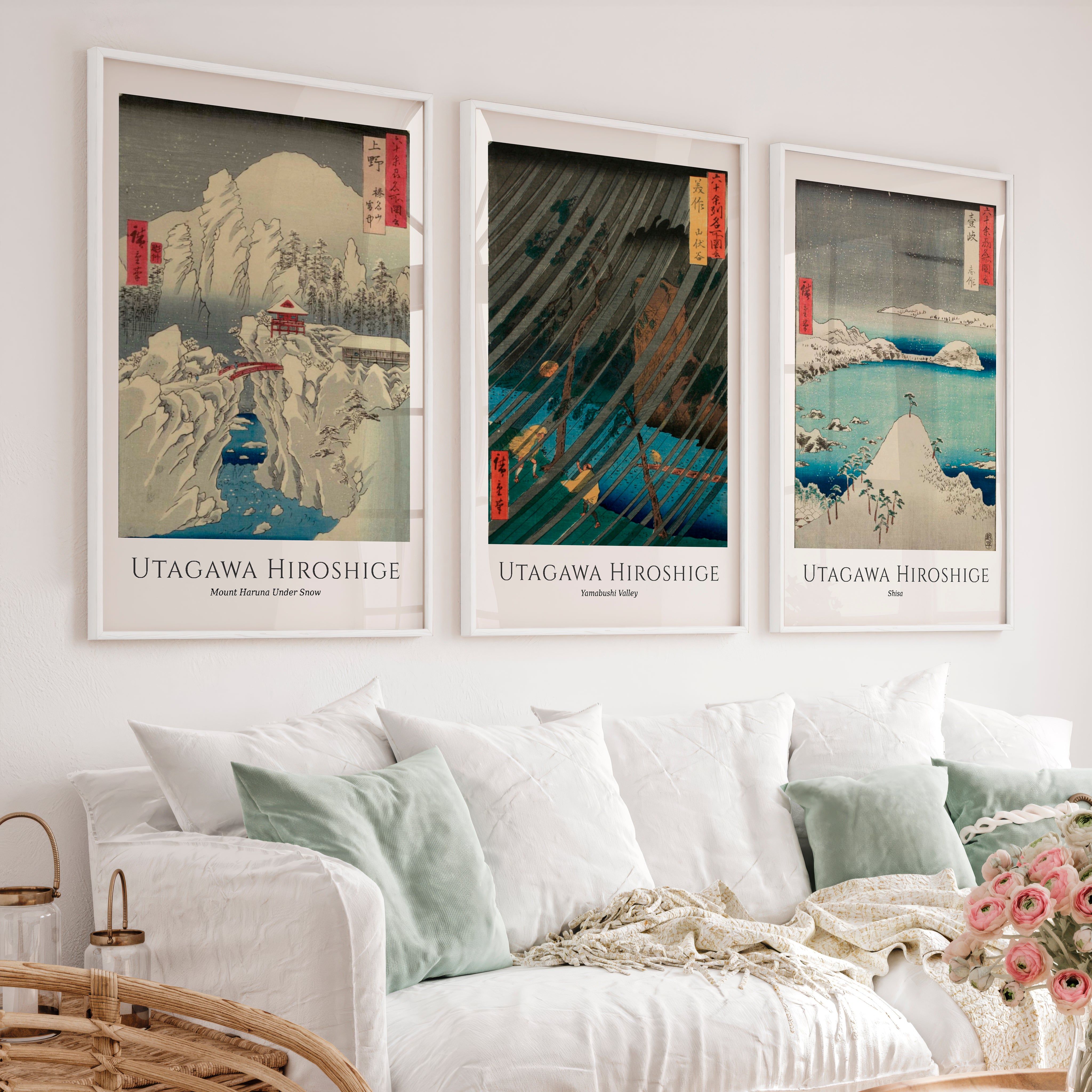 Hiroshige Snow and Rain Japanese Print Set - White Framed Poster No Border - Artworksets