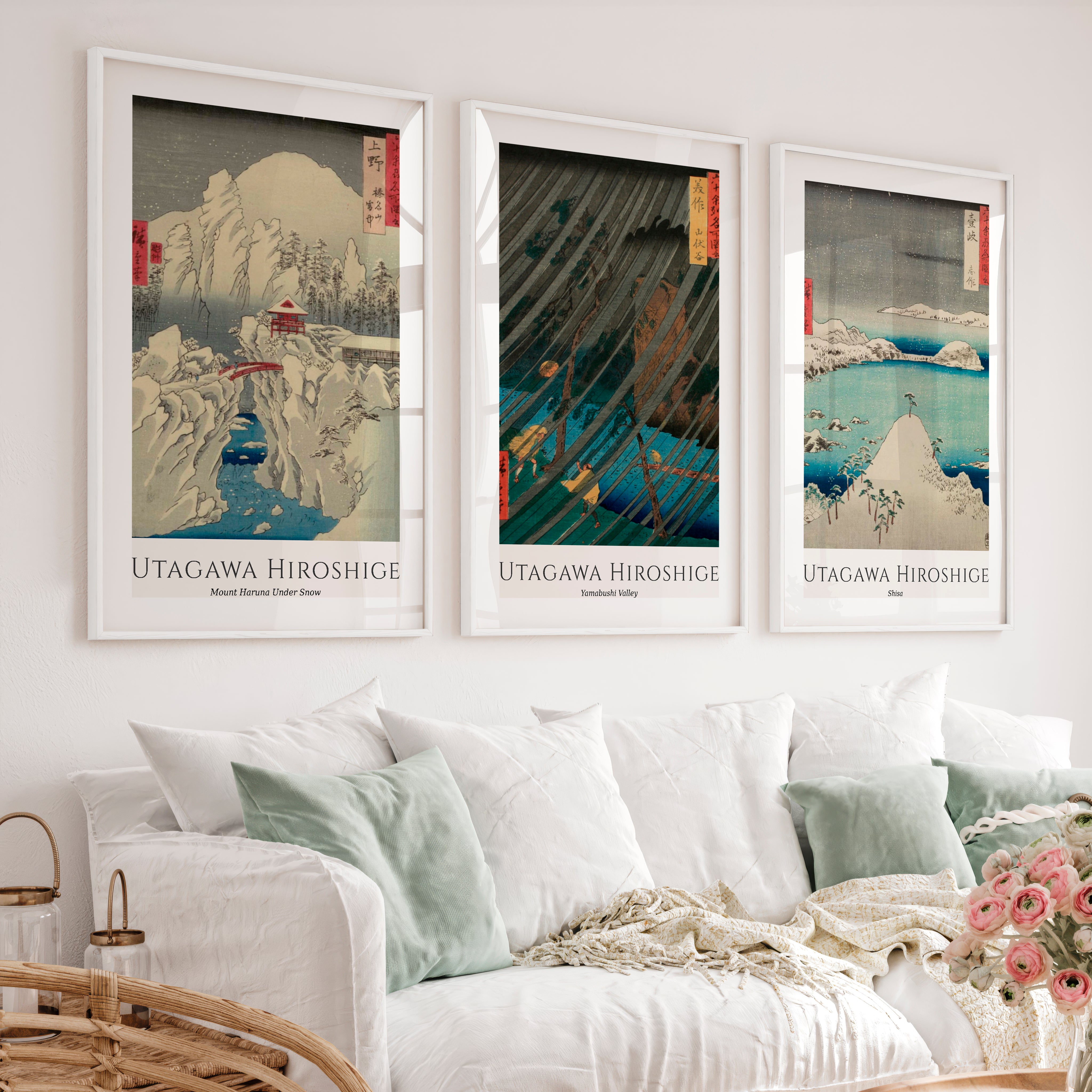 Hiroshige Snow and Rain Japanese Print Set - White Framed Poster with White Border - Artworksets