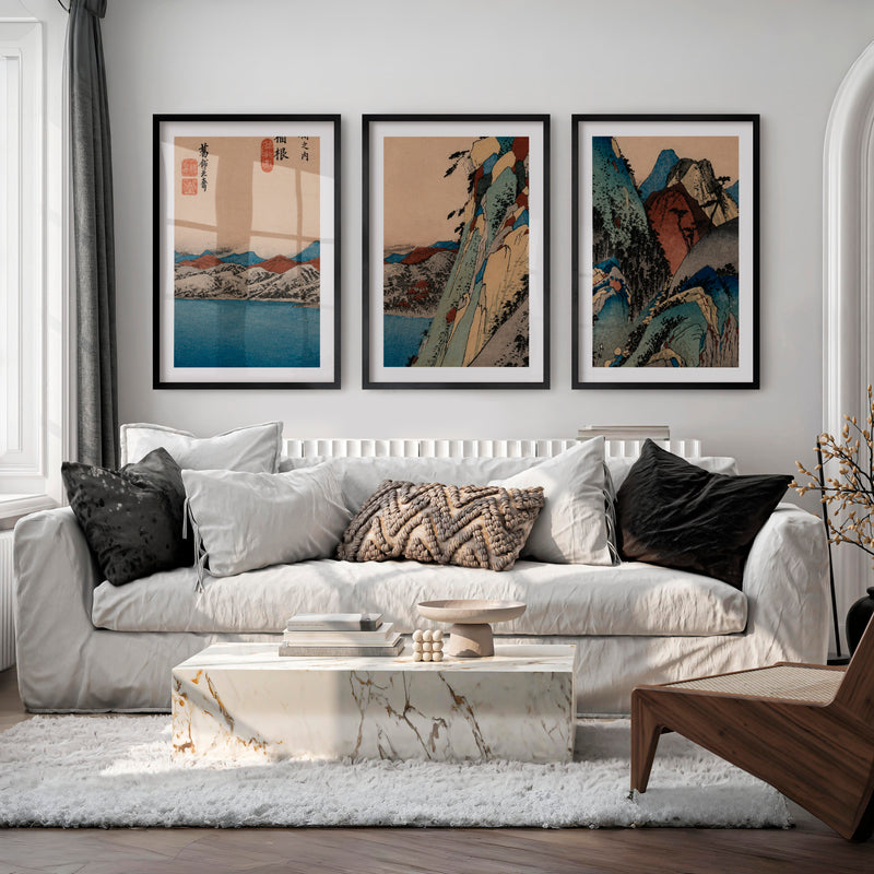 Serene Japanese Print with Misty Mountains and Pine Trees - Black Framed Poster with White Border - Artworksets