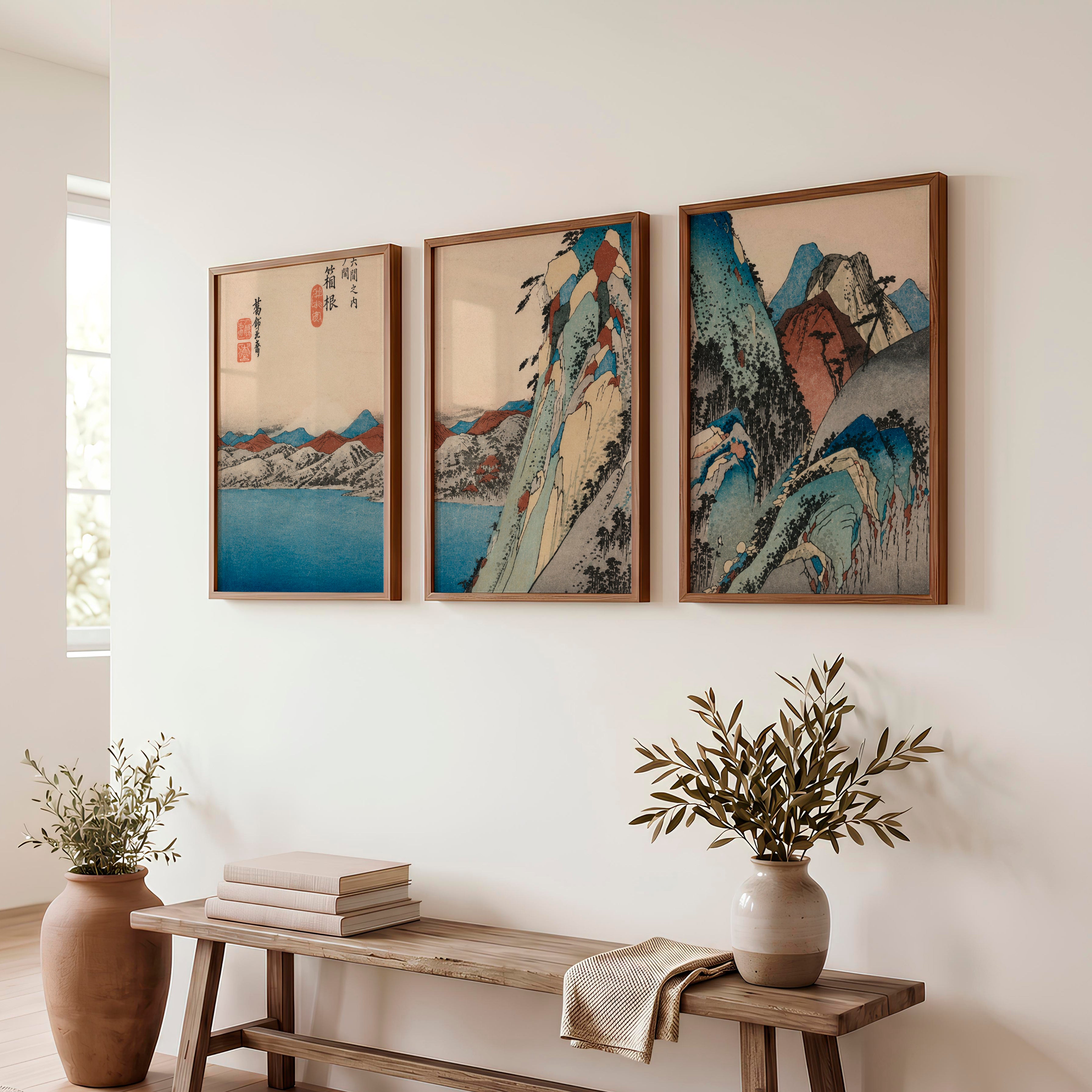 Serene Japanese Print with Misty Mountains and Pine Trees - Dark Brown Framed Poster No Border - Artworksets