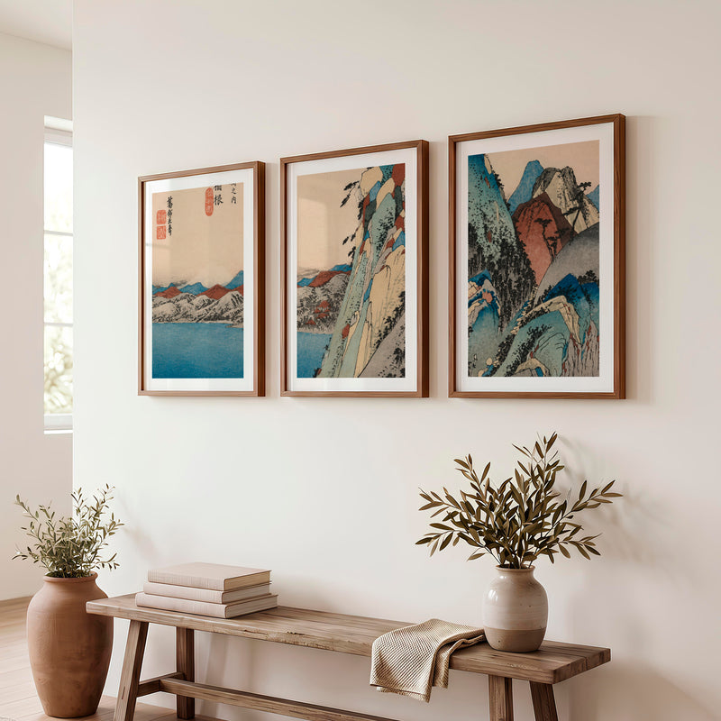 Serene Japanese Print with Misty Mountains and Pine Trees - Dark Brown Framed Poster with White Border - Artworksets