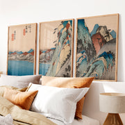 Serene Japanese Print with Misty Mountains and Pine Trees - Natural Wood Framed Poster No Border - Artworksets