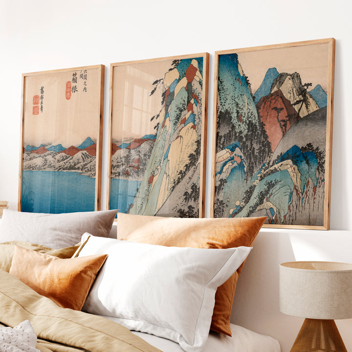 Serene Japanese Print with Misty Mountains and Pine Trees - Natural Wood Framed Poster No Border - Artworksets