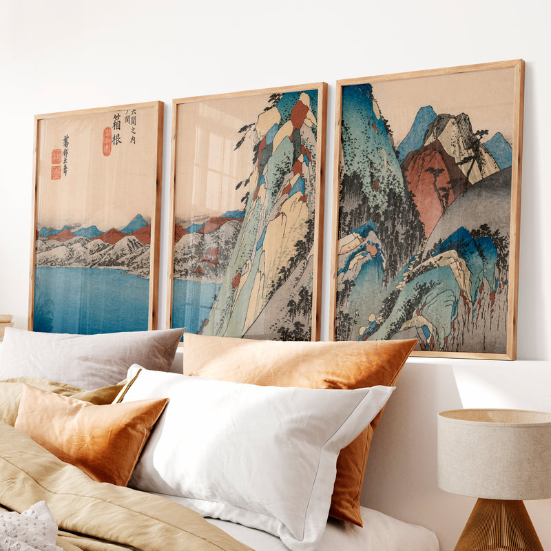 Serene Japanese Print with Misty Mountains and Pine Trees - Natural Wood Framed Poster No Border - Artworksets