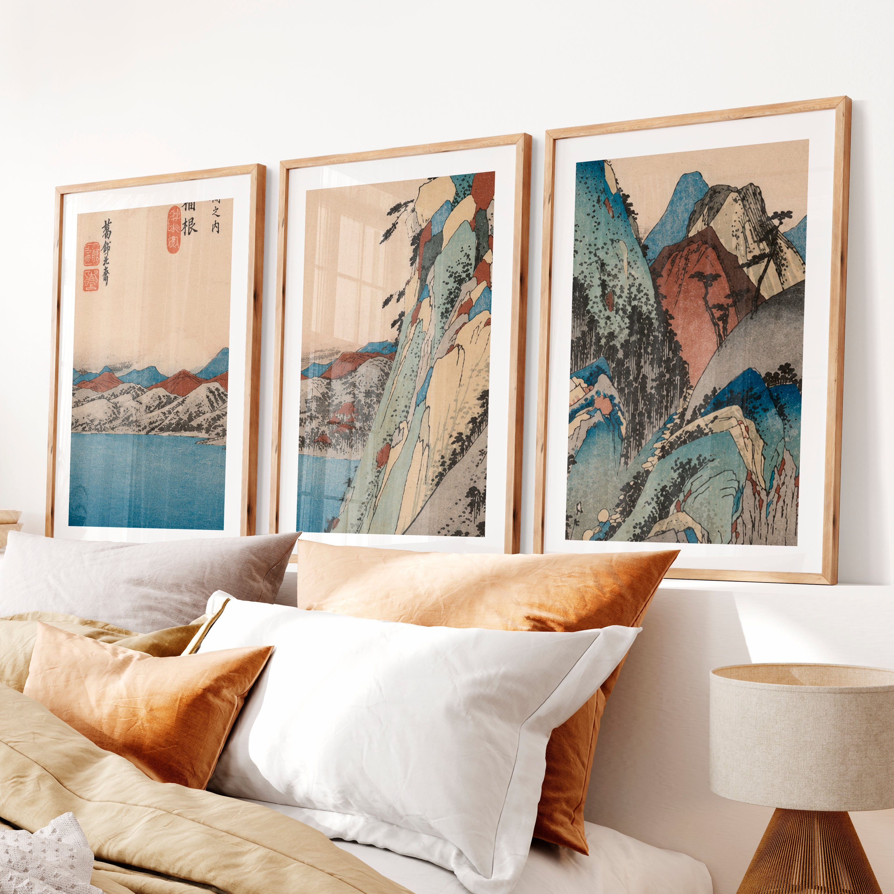 Serene Japanese Print with Misty Mountains and Pine Trees- Natural Wood Framed Poster with White Border - Artworksets