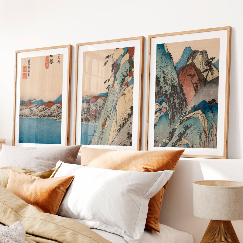 Serene Japanese Print with Misty Mountains and Pine Trees- Natural Wood Framed Poster with White Border - Artworksets