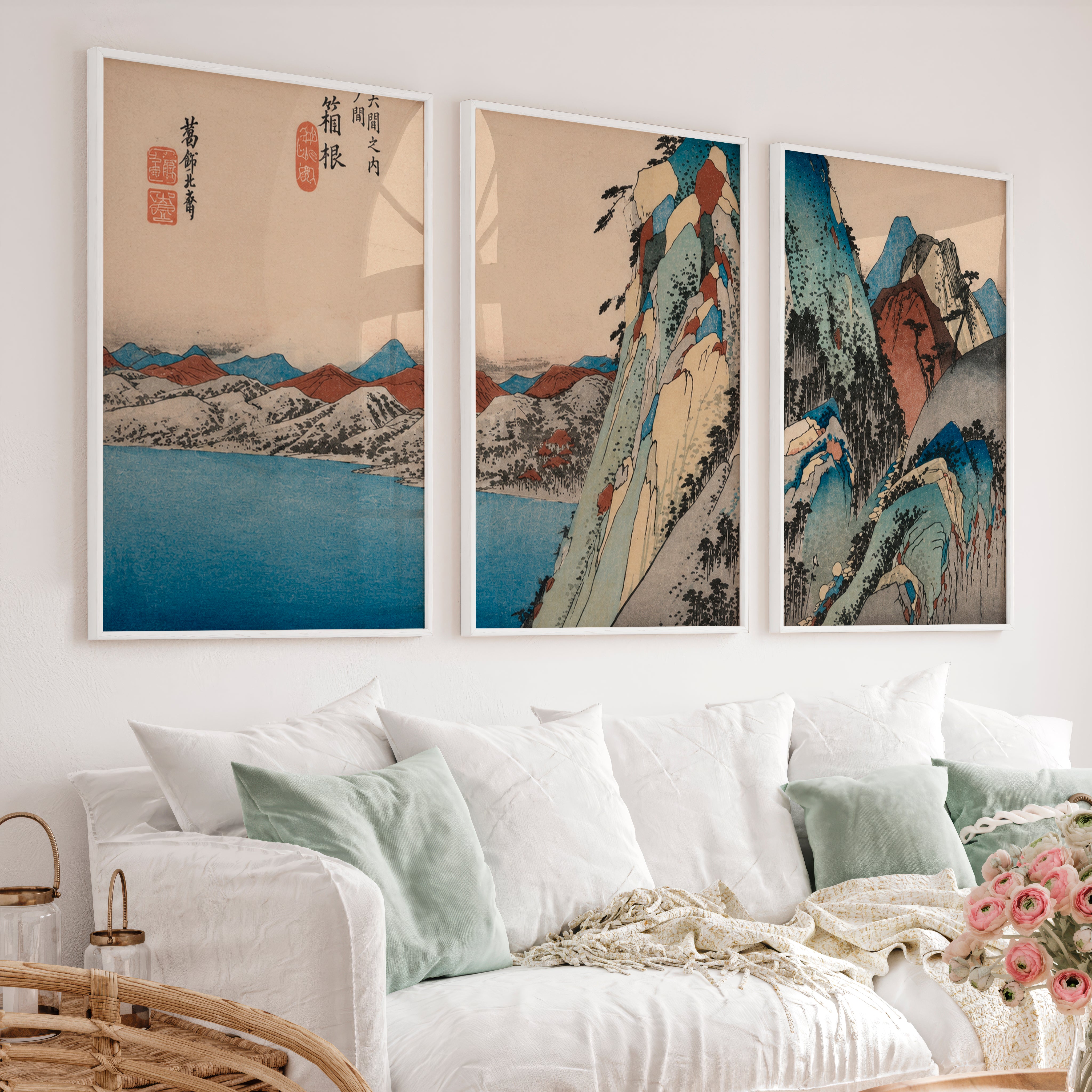 Serene Japanese Print with Misty Mountains and Pine Trees - White Framed Poster No Border - Artworksets