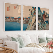 Serene Japanese Print with Misty Mountains and Pine Trees - White Framed Poster No Border - Artworksets