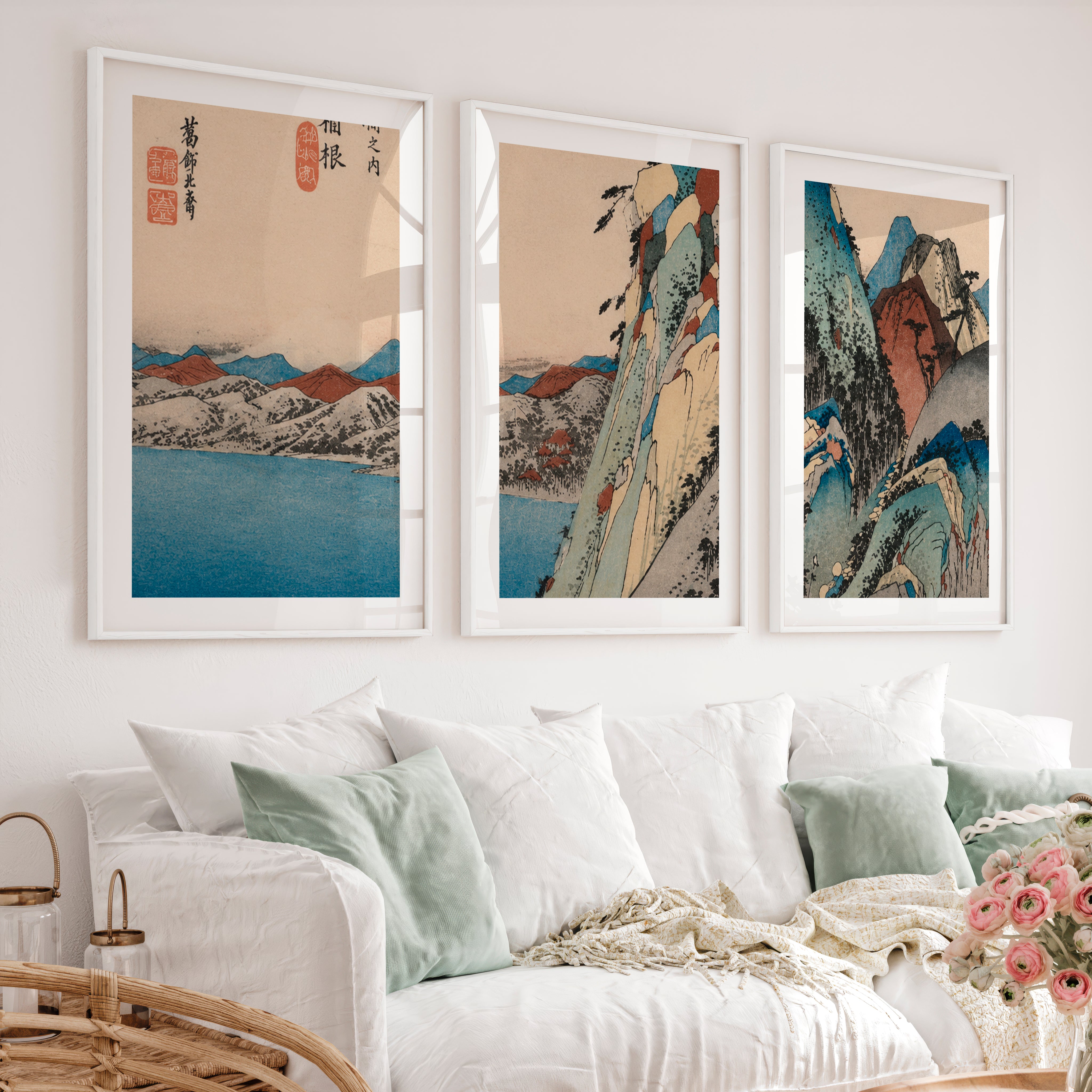 Serene Japanese Print with Misty Mountains and Pine Trees - White Framed Poster with White Border - Artworksets
