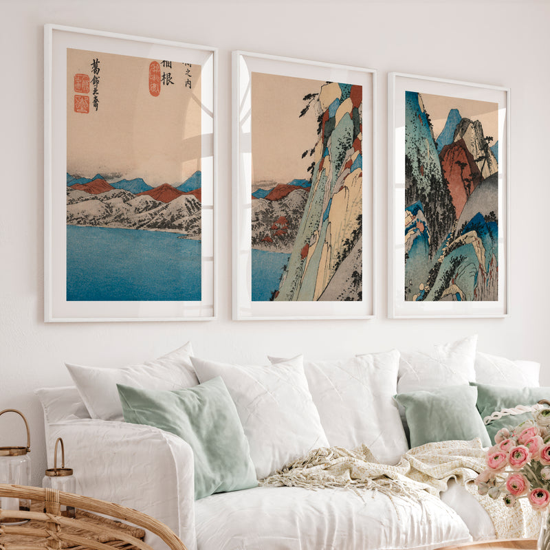Serene Japanese Print with Misty Mountains and Pine Trees - White Framed Poster with White Border - Artworksets