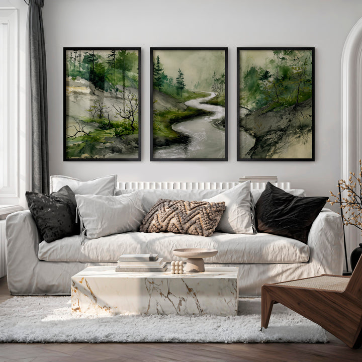 Japanese Print Featuring Misty Mountains and Pine Trees - Black Framed Poster No Border - Artworksets
