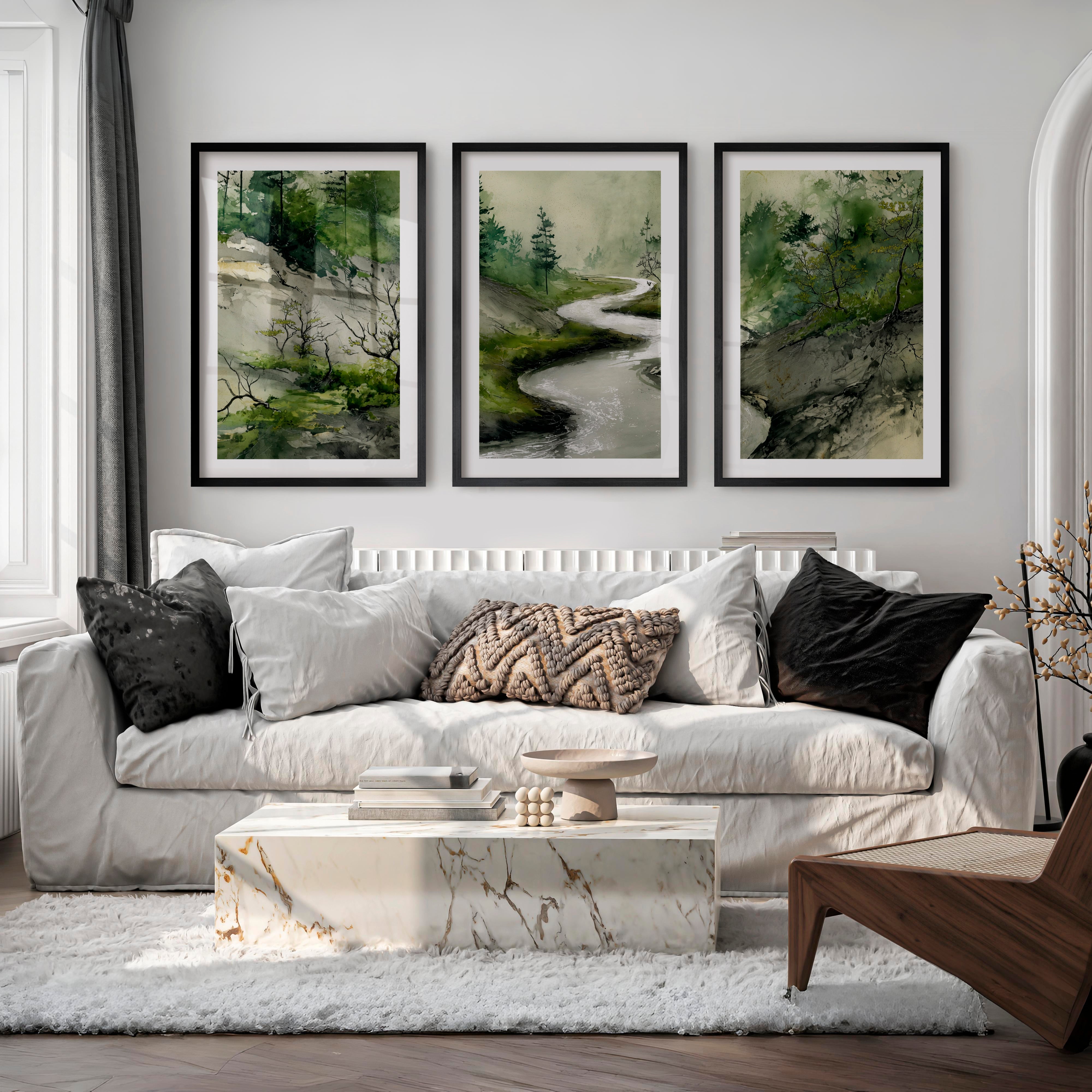 Japanese Print Featuring Misty Mountains and Pine Trees - Black Framed Poster with White Border - Artworksets