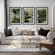 Japanese Print Featuring Misty Mountains and Pine Trees - Black Framed Poster with White Border - Artworksets