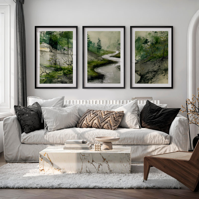 Japanese Print Featuring Misty Mountains and Pine Trees - Black Framed Poster with White Border - Artworksets