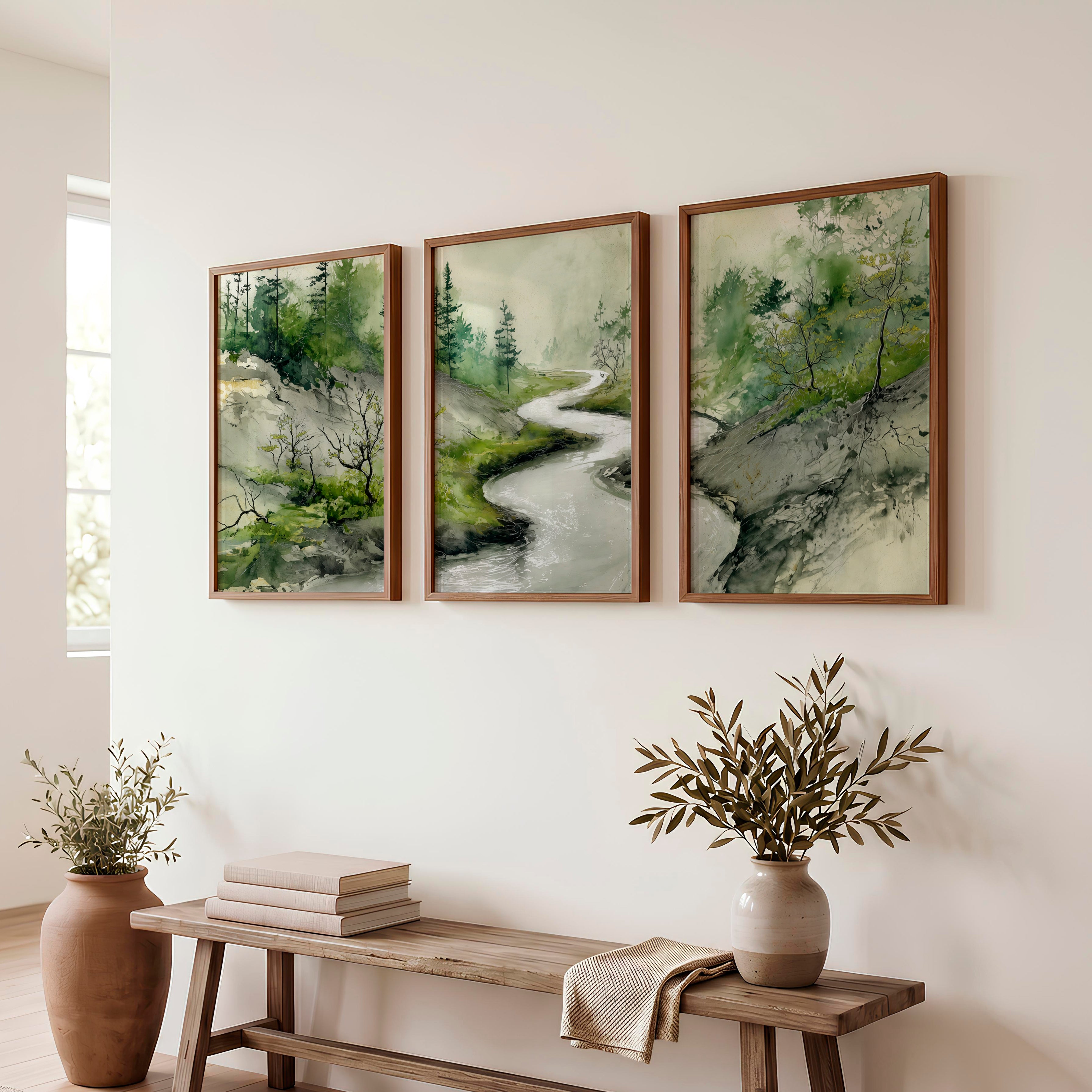 Japanese Print Featuring Misty Mountains and Pine Trees - Dark Brown Framed Poster No Border - Artworksets