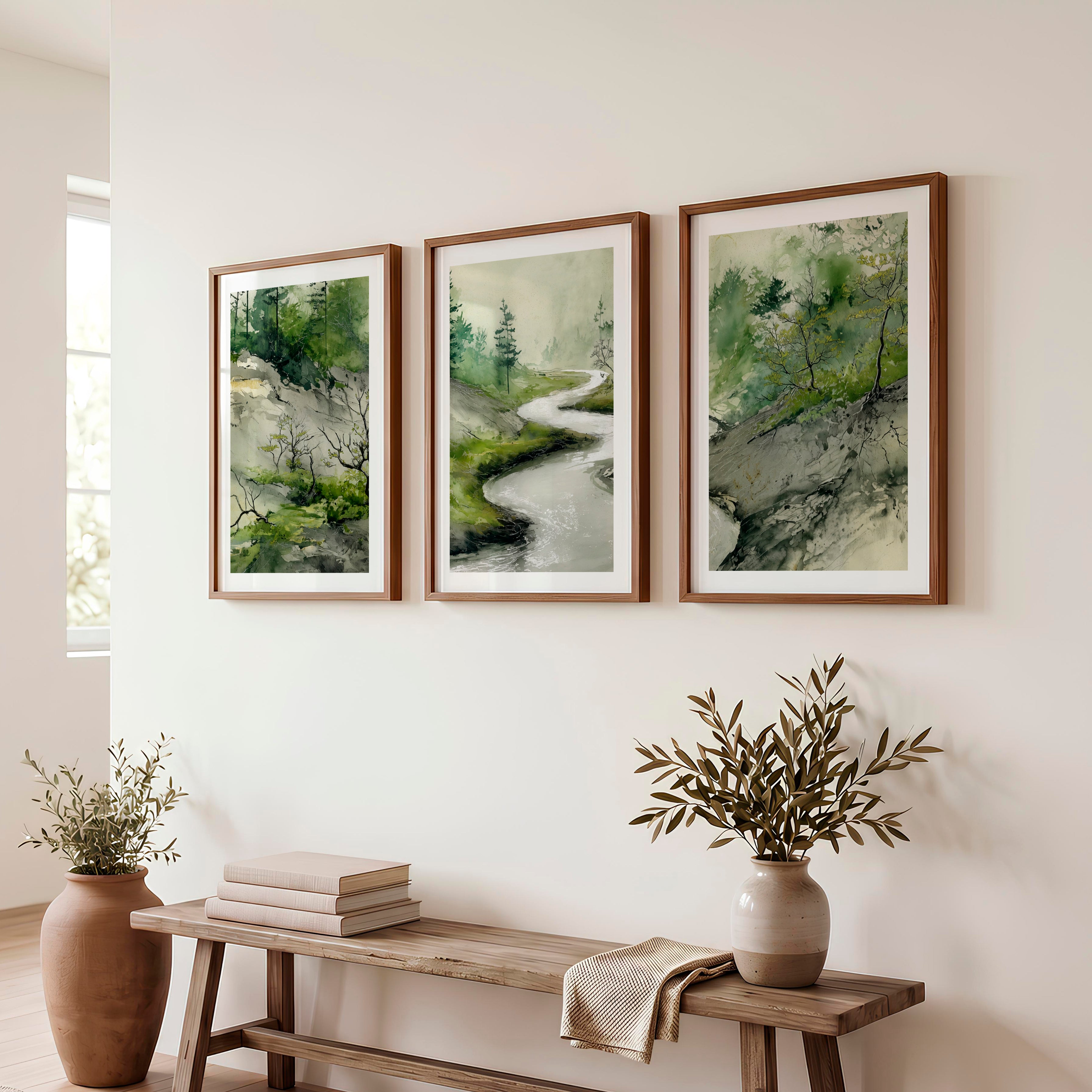 Japanese Print Featuring Misty Mountains and Pine Trees - Dark Brown Framed Poster with White Border - Artworksets