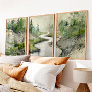 Japanese Print Featuring Misty Mountains and Pine Trees - Natural Wood Framed Poster No Border - Artworksets