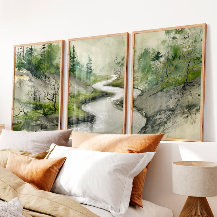 Japanese Print Featuring Misty Mountains and Pine Trees - Natural Wood Framed Poster No Border - Artworksets