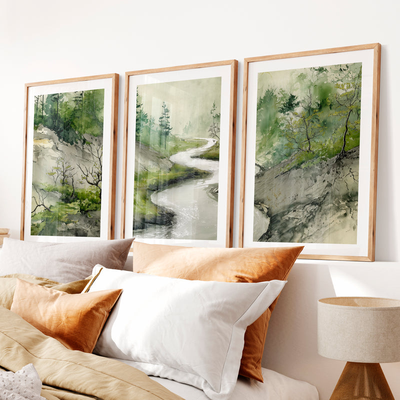 Japanese Print Featuring Misty Mountains and Pine Trees- Natural Wood Framed Poster with White Border - Artworksets