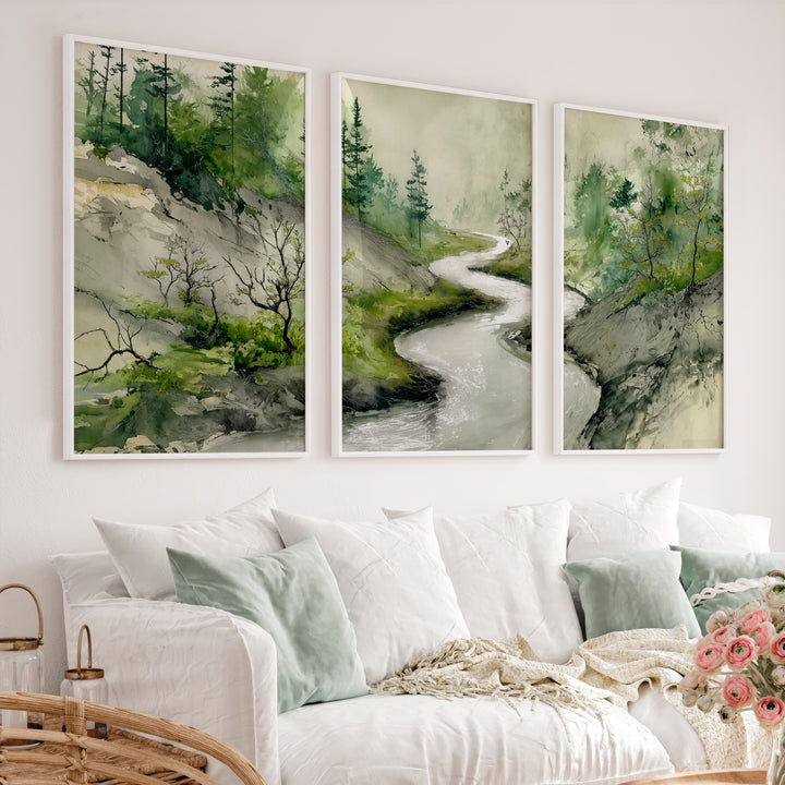 Japanese Print Featuring Misty Mountains and Pine Trees - White Framed Poster No Border - Artworksets