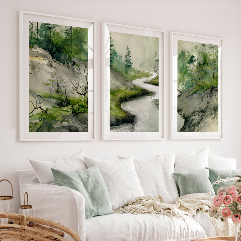 Japanese Print Featuring Misty Mountains and Pine Trees - White Framed Poster with White Border - Artworksets