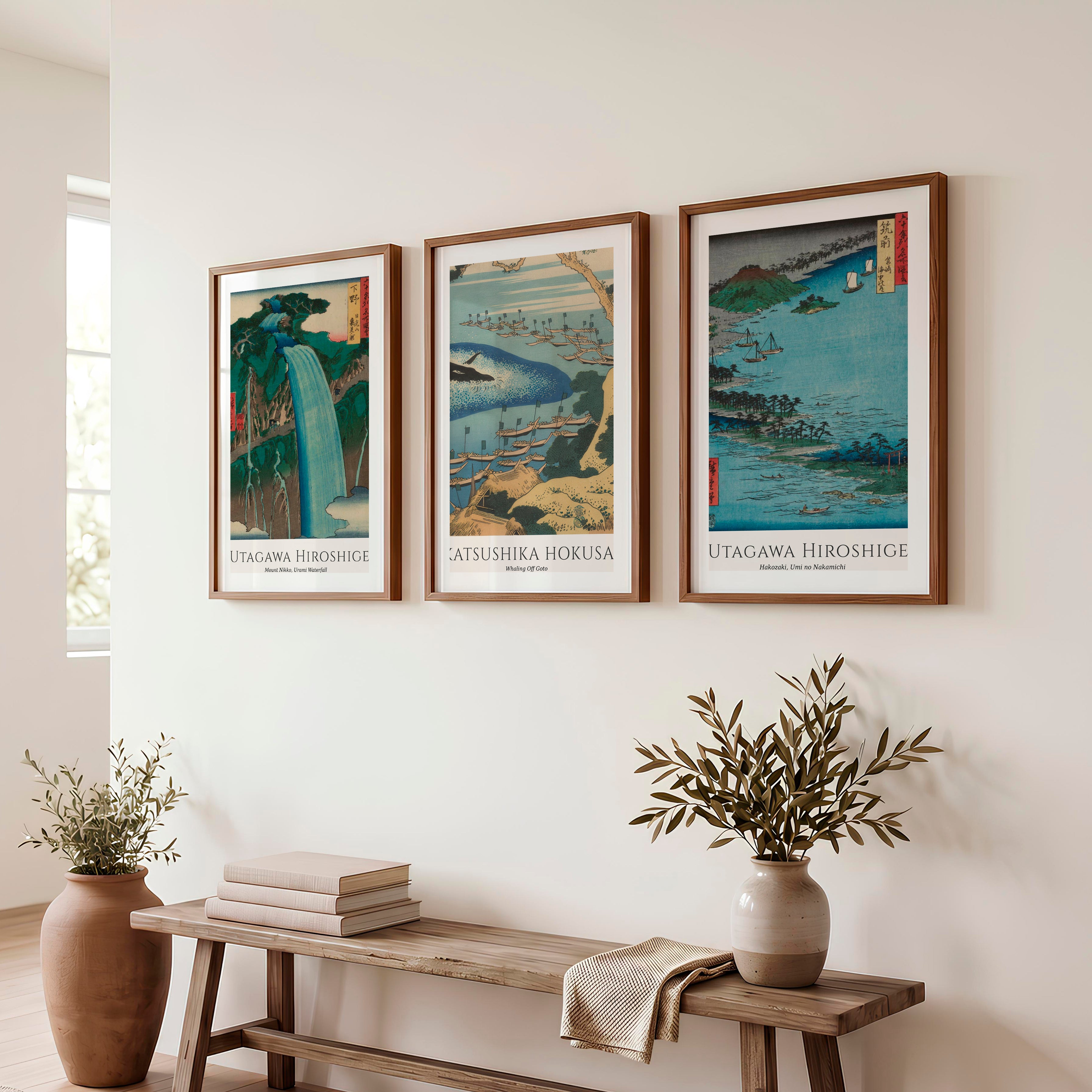 Hiroshige Waterfall and Boats Japanese Print Poster - Dark Brown Framed Poster with White Border - Artworksets