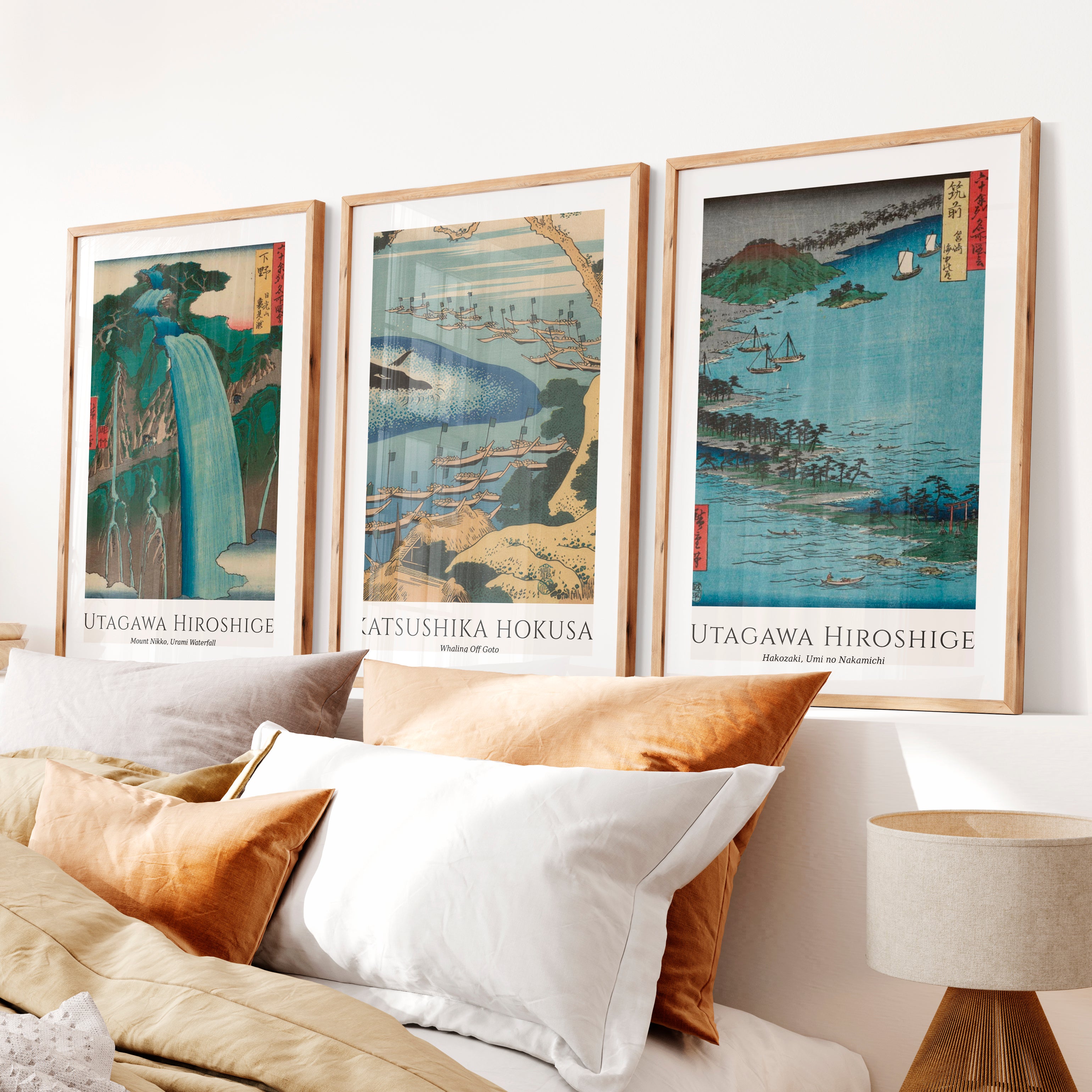 Hiroshige Waterfall and Boats Japanese Print Poster- Natural Wood Framed Poster with White Border - Artworksets