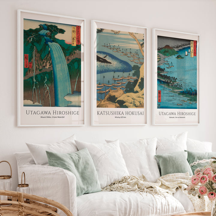 Hiroshige Waterfall and Boats Japanese Print Poster - White Framed Poster No Border - Artworksets