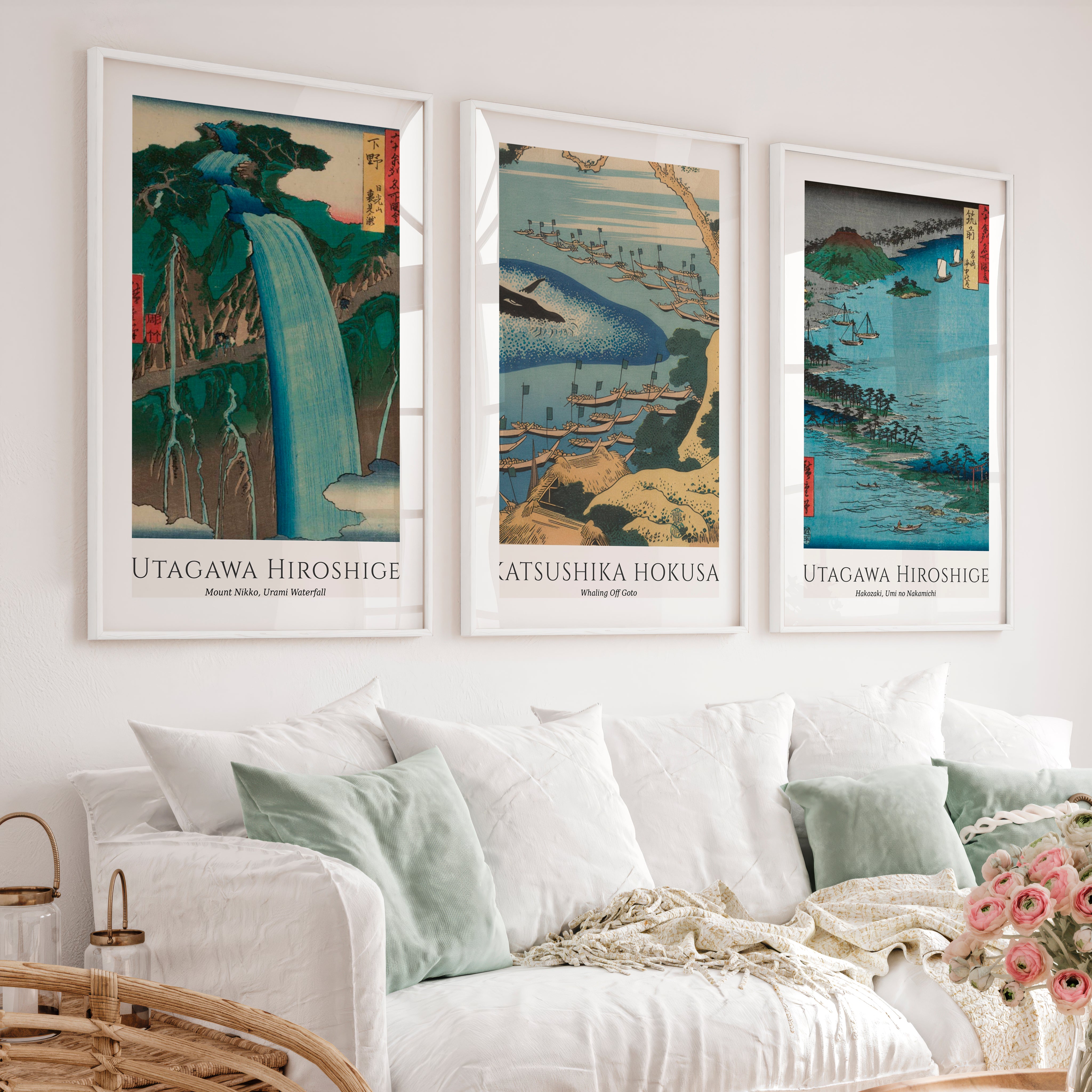 Hiroshige Waterfall and Boats Japanese Print Poster - White Framed Poster with White Border - Artworksets