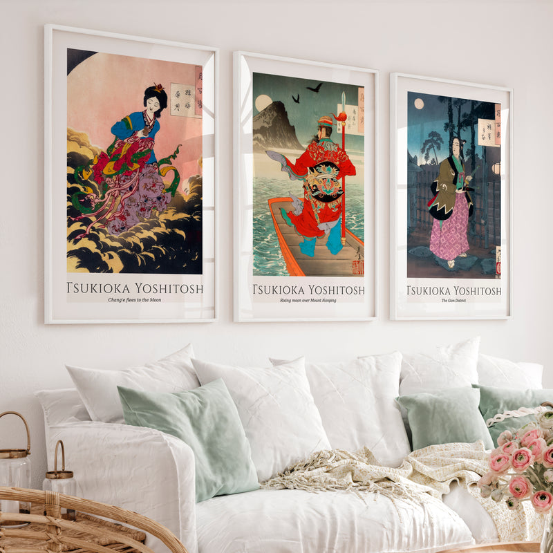 Moonlit Yoshitoshi japanese prints for sale Set - White Framed Poster with White Border - Artworksets