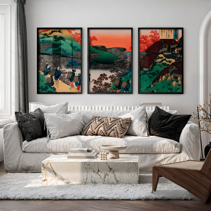 Japanese Prints for Sale Featuring Mountain Waterfall Landscapes - Black Framed Poster No Border - Artworksets