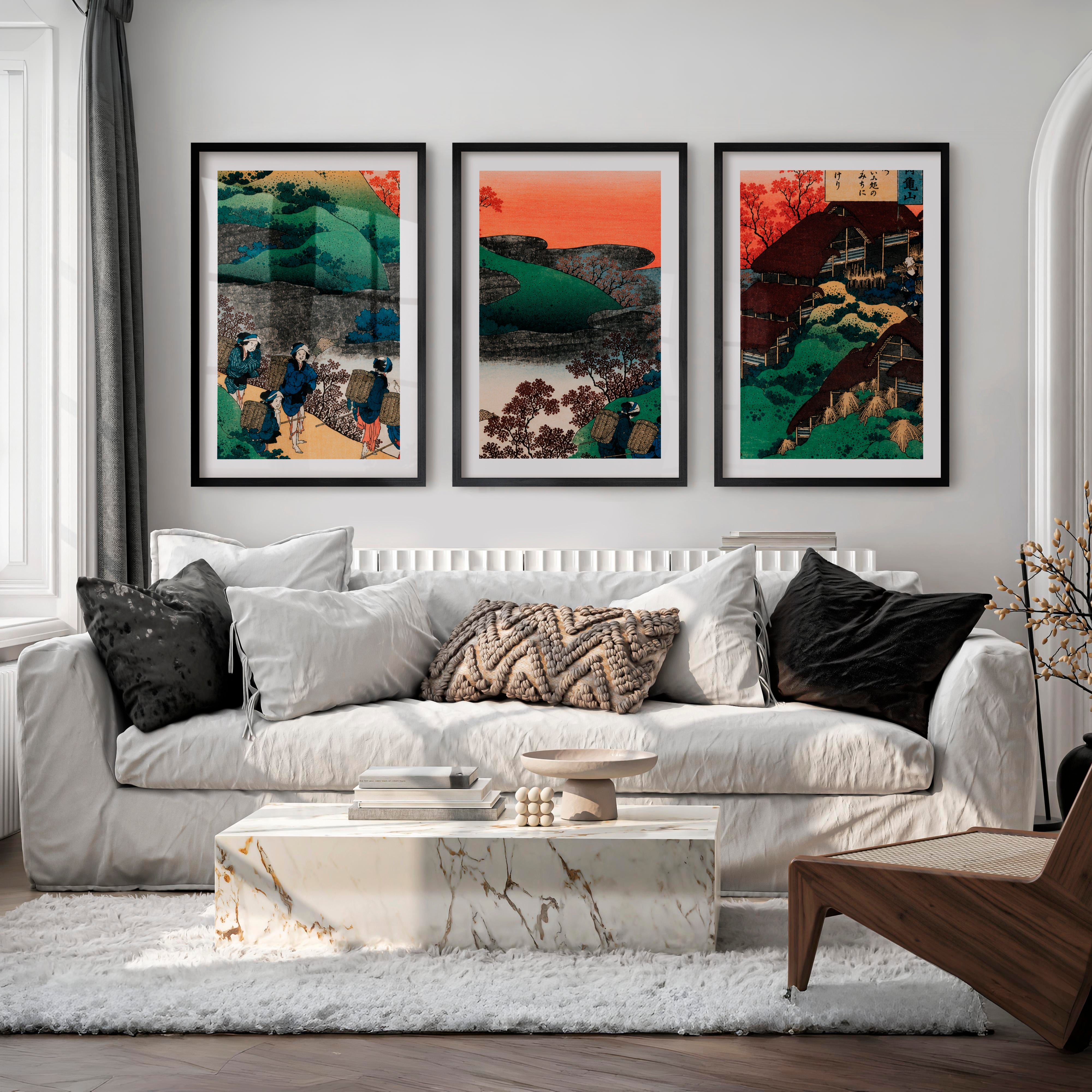 Japanese Prints for Sale Featuring Mountain Waterfall Landscapes - Black Framed Poster with White Border - Artworksets