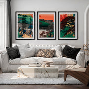 Japanese Prints for Sale Featuring Mountain Waterfall Landscapes - Black Framed Poster with White Border - Artworksets