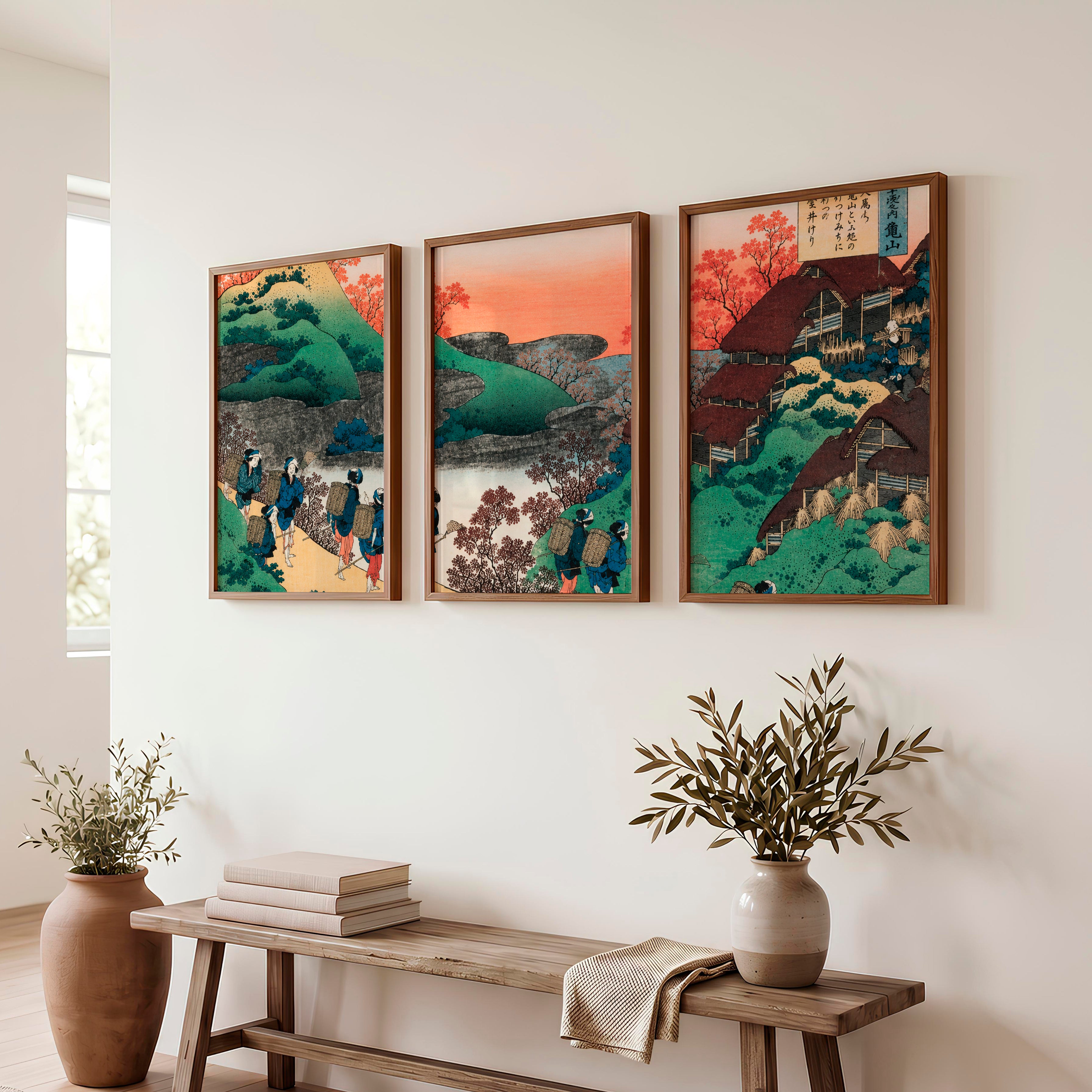 Japanese Prints for Sale Featuring Mountain Waterfall Landscapes - Dark Brown Framed Poster No Border - Artworksets